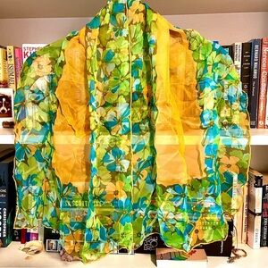 Glentex 100% Silk Vintage Scarf Hand Rolled Japan Floral Green Blue Orange Large